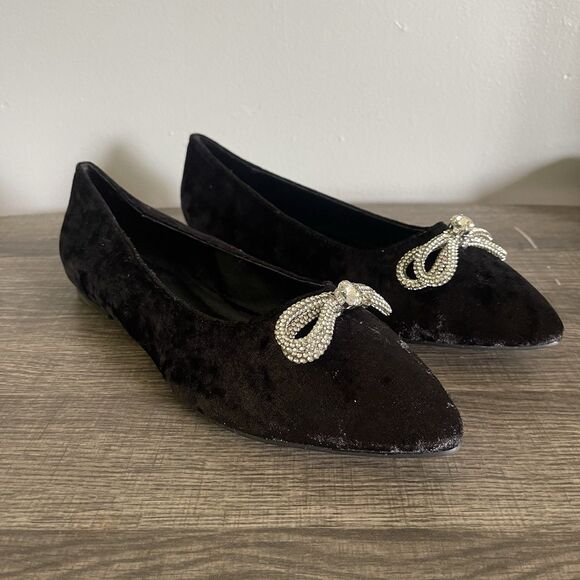 Comfort Women’s Rhinestone Bow Black Faux Velvet Ballet Flats Shoes Size 10W - Picture 2 of 8